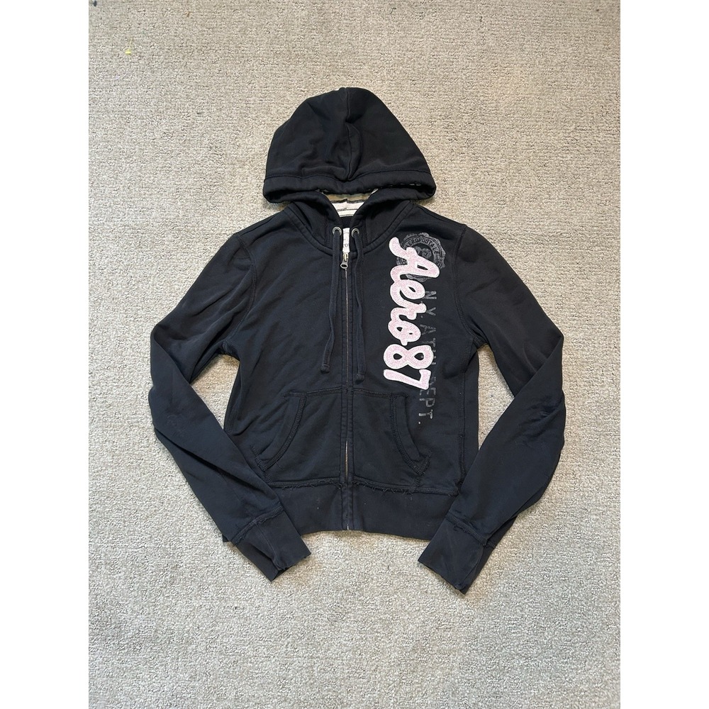Y2K Aeropostale Hoodie Women's L Black Pink Full Zip AERO 87 Fleece Sweatshirt